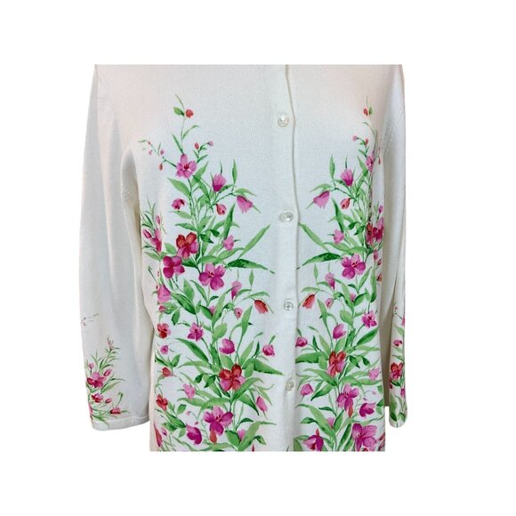 Jones NY Signature Long Sleeve Crewneck Pink Green Floral Motif Cardigan XL NWT - Picture 2 of 7